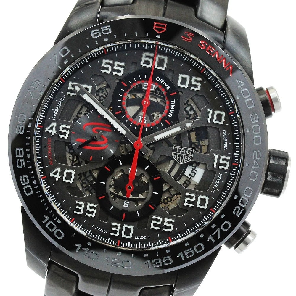 TAG HEUER CARRERA CALIBER AYRTON SENNA AUTOMATIC: TAG HEUER Carrera Caliber Ayrton Senna Automatic Brand: TAG HEUER Type: Wristwatch Material: Band Material Stainless Steel, Case Material Stainless Steel / ceramic Color: Band Color black, Dial Colorb