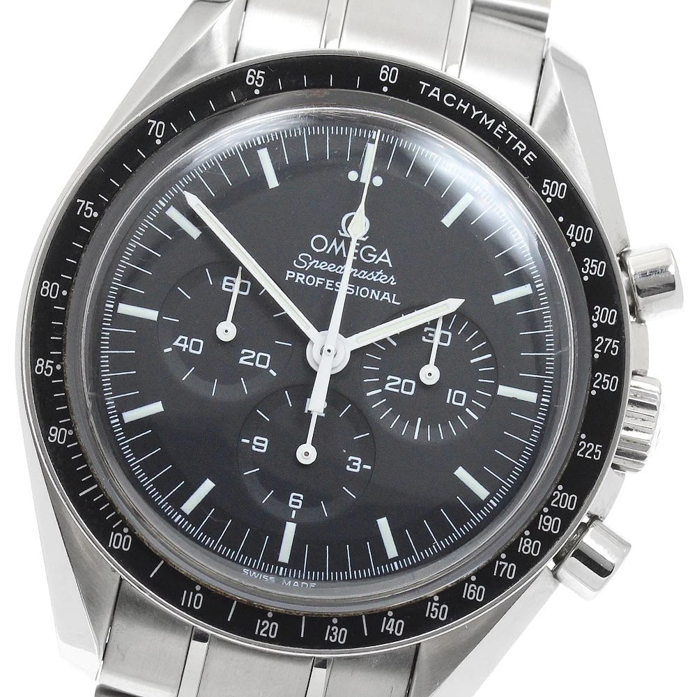 OMEGA SPEEDMASTER PROFESSIONAL MOON WATCH: OMEGA Speedmaster Professional Moon Watch Brand: OMEGA Type: Wristwatch Material: Band Material Stainless Steel, Case Material Stainless Steel Color: Band Color Silver, Dial Colorblack, Case ColorSilv