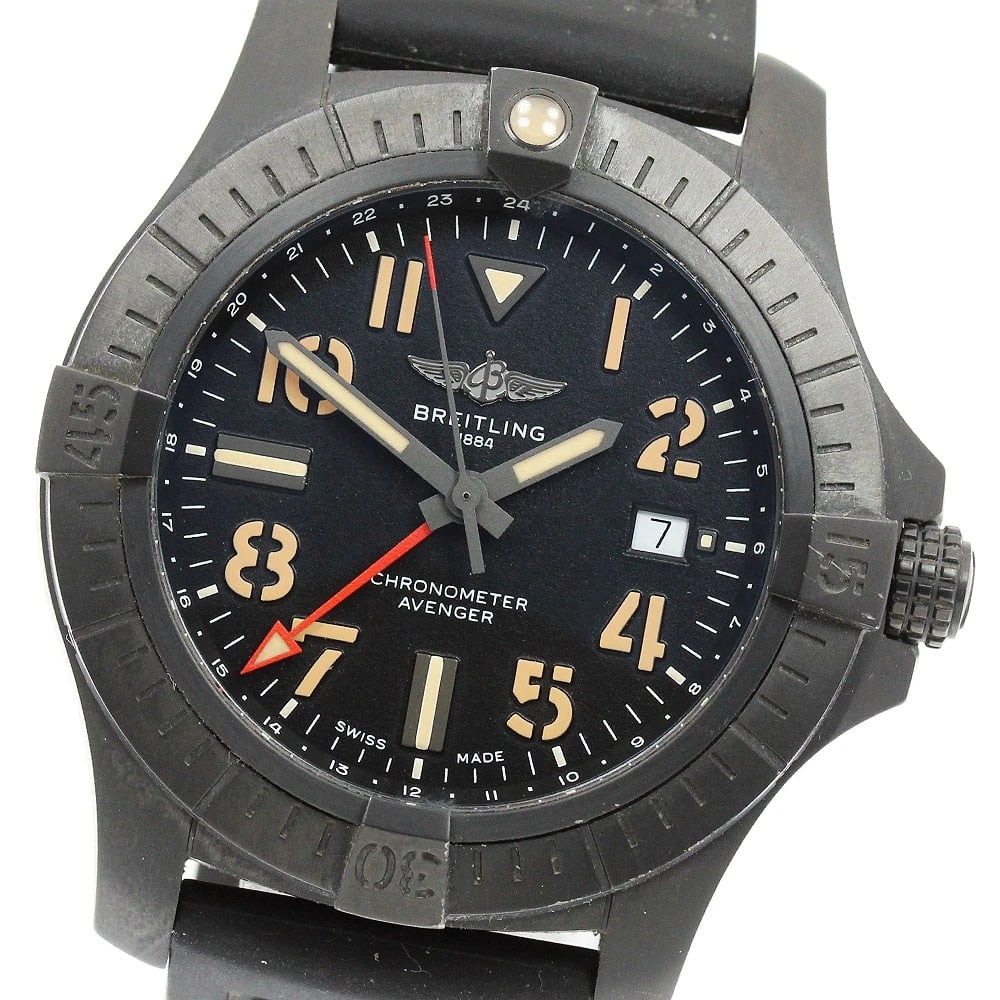 BREITLING AVENGER AUTOMATIC WATCH: BREITLING Avenger Automatic Watch Brand: BREITLING Type: Wristwatch Material: Band Material rubber, Case Material titanium Color: Band Color black, Dial Colorblack, Case Colorblack Size: Case Size