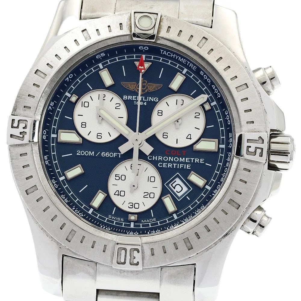 BREITLING COLT CHRONOGRAPH NAVY QUARTZ WATCH: BREITLING Colt Chronograph Navy Quartz Watch Brand: BREITLING Type: Wristwatch Material: Band Material Stainless Steel, Case Material Stainless Steel Color: Band Color Silver, Dial ColorNavy, Case