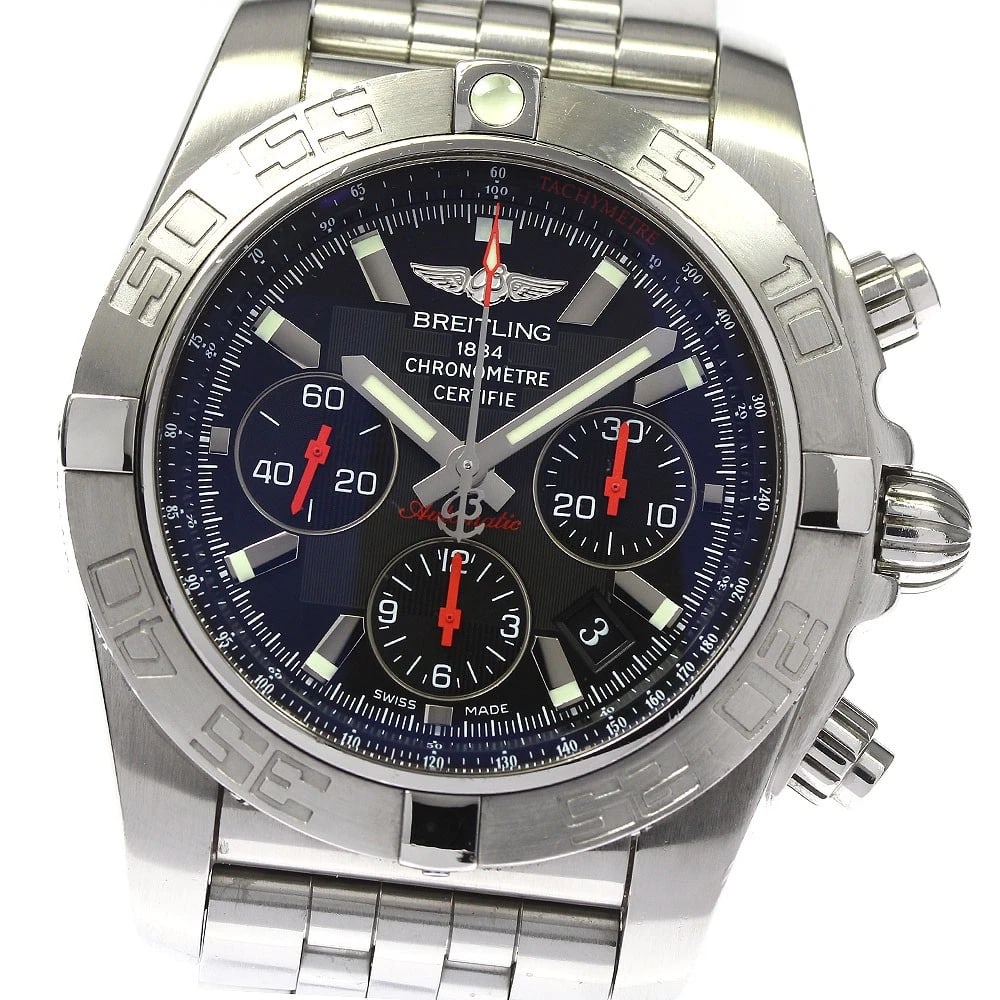 BREITLING CHRONOMAT DATE BLACK AUTOMATIC WATCH: BREITLING Chronomat Date black Automatic Watch Brand: BREITLING Type: Wristwatch Material: Band Material Stainless Steel, Case Material Stainless Steel Color: Band Color Silver, Dial Colorblack, Case