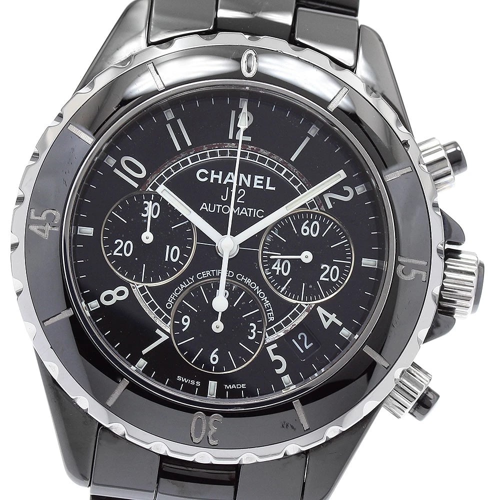 CHANEL J12 BLACK CERAMIC CHRONOGRAPH AUTOMATIC WATCH: CHANEL J12 Black ceramic Chronograph Automatic Watch Brand: CHANEL Type: Wristwatch Material: Band Material Stainless Steel / ceramic, Case Material Stainless Steel / ceramic Color: Band Color Black