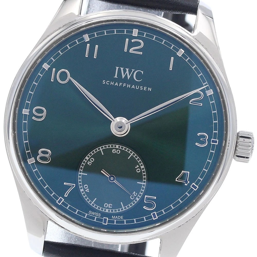 IWC SCHAFFHAUSEN PORTUGESE AUTOMATIC WATCH: IWC SCHAFFHAUSEN Portugese Automatic Watch Brand: IWC SCHAFFHAUSEN Type: Wristwatch Material: Band Material leather, Case Material Stainless Steel Color: Band Color black, Dial Colorgreen, Case