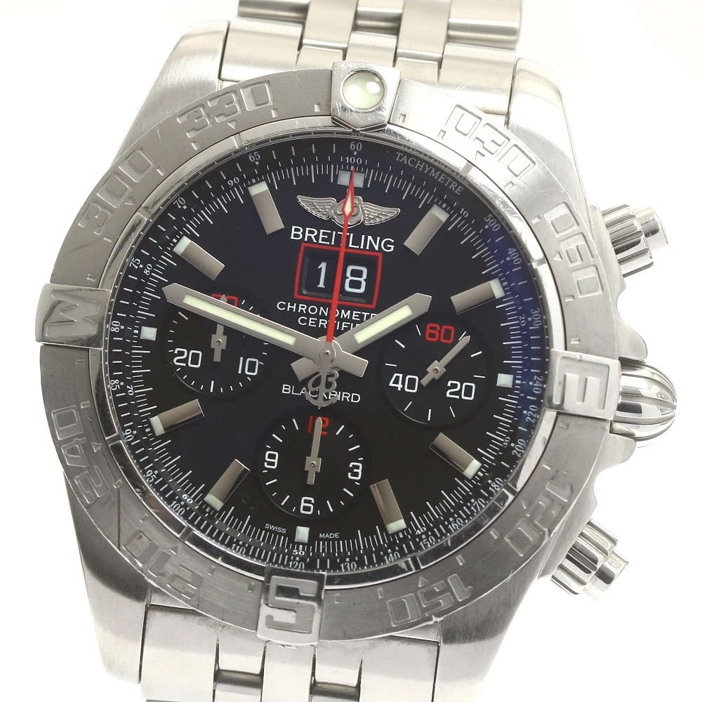 BREITLING CHRONOMAT BLACK DATE CHRONOGRAPH AUTOMATIC: BREITLING Chronomat Black Date Chronograph Automatic Brand: BREITLING Type: Wristwatch Material: Band Material Stainless Steel, Case Material Stainless Steel Color: Band Color Silver, Dial Colorblack,