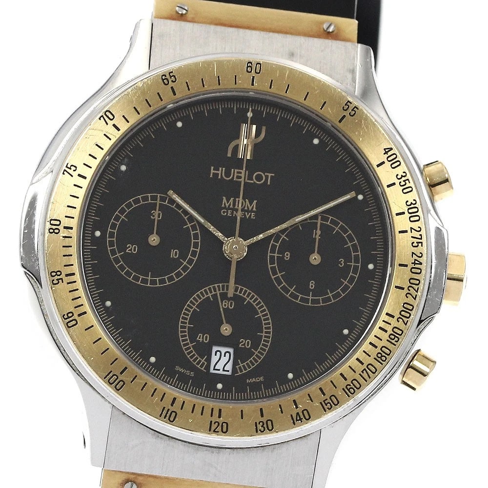 HUBLOT CHRONOGRAPH YG BLACK QUARTZ WATCH: HUBLOT Chronograph YG black Quartz Watch Brand: HUBLOT Type: Wristwatch Material: Band Material rubber, Case Material Stainless Steel/YG Color: Band Color black, Dial Colorblack, Case ColorSilver / Go
