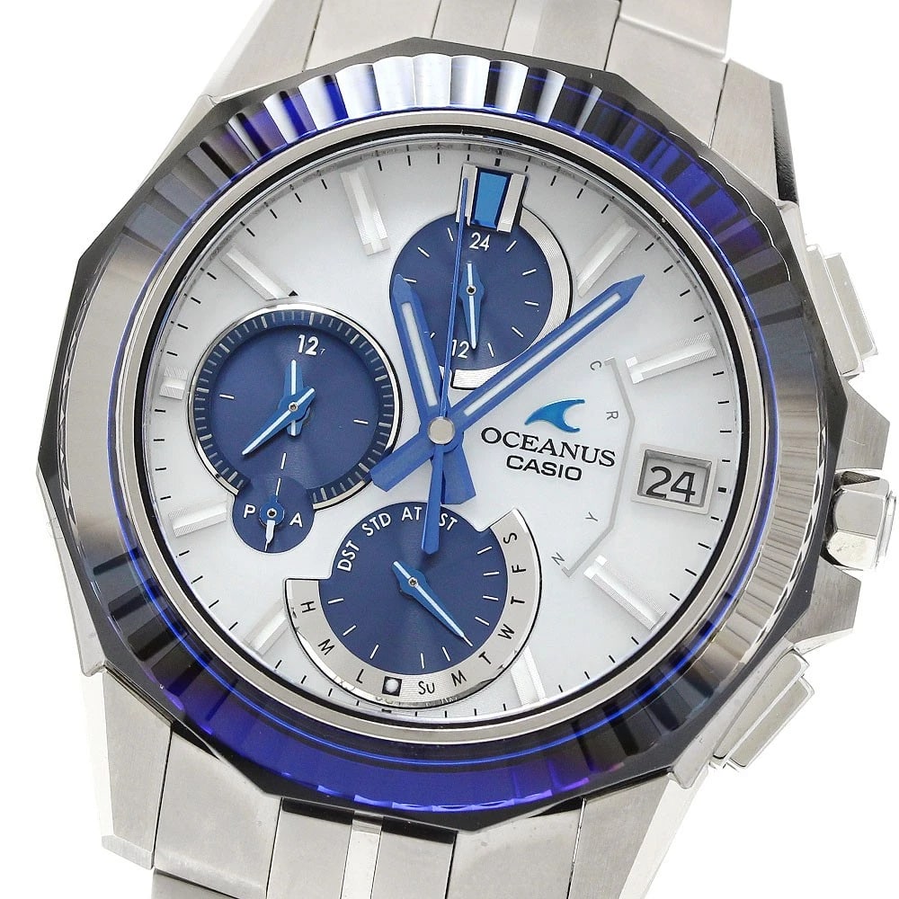 CASIO OCEANUS WATCH: CASIO OCEANUS WATCH Brand: CASIO Type: Wristwatch Material: Band Material titanium, Case Material titanium Color: Band Color Silver, Dial ColorWhite / Navy, Case ColorSilver Size: Case Size About40mm 