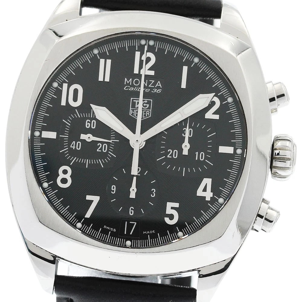 TAG HEUER MONZA CALIBER CHRONOGRAPH AUTOMATIC WATCH: TAG HEUER Monza Caliber Chronograph Automatic Watch Brand: TAG HEUER Type: Wristwatch Material: Band Material leather, Case Material Stainless Steel Color: Band Color black, Dial Colorblack, Case