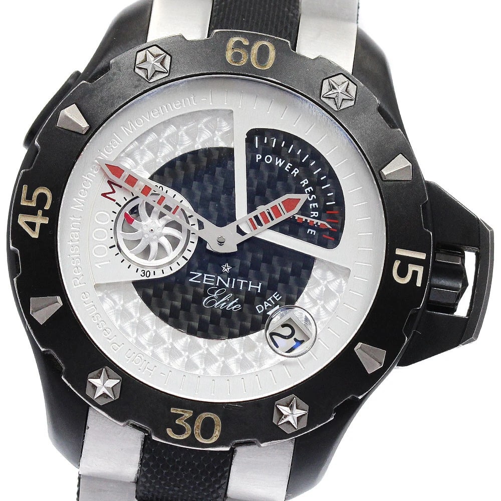ZENITH DEFY POWER RESERVE AUTOMATIC WATCH: ZENITH Defy Power reserve Automatic Watch Brand: ZENITH Type: Wristwatch Material: Band Material Titanium / rubber, Case Material titanium Color: Band Color Silver / Black, Dial ColorSilver / Black, C