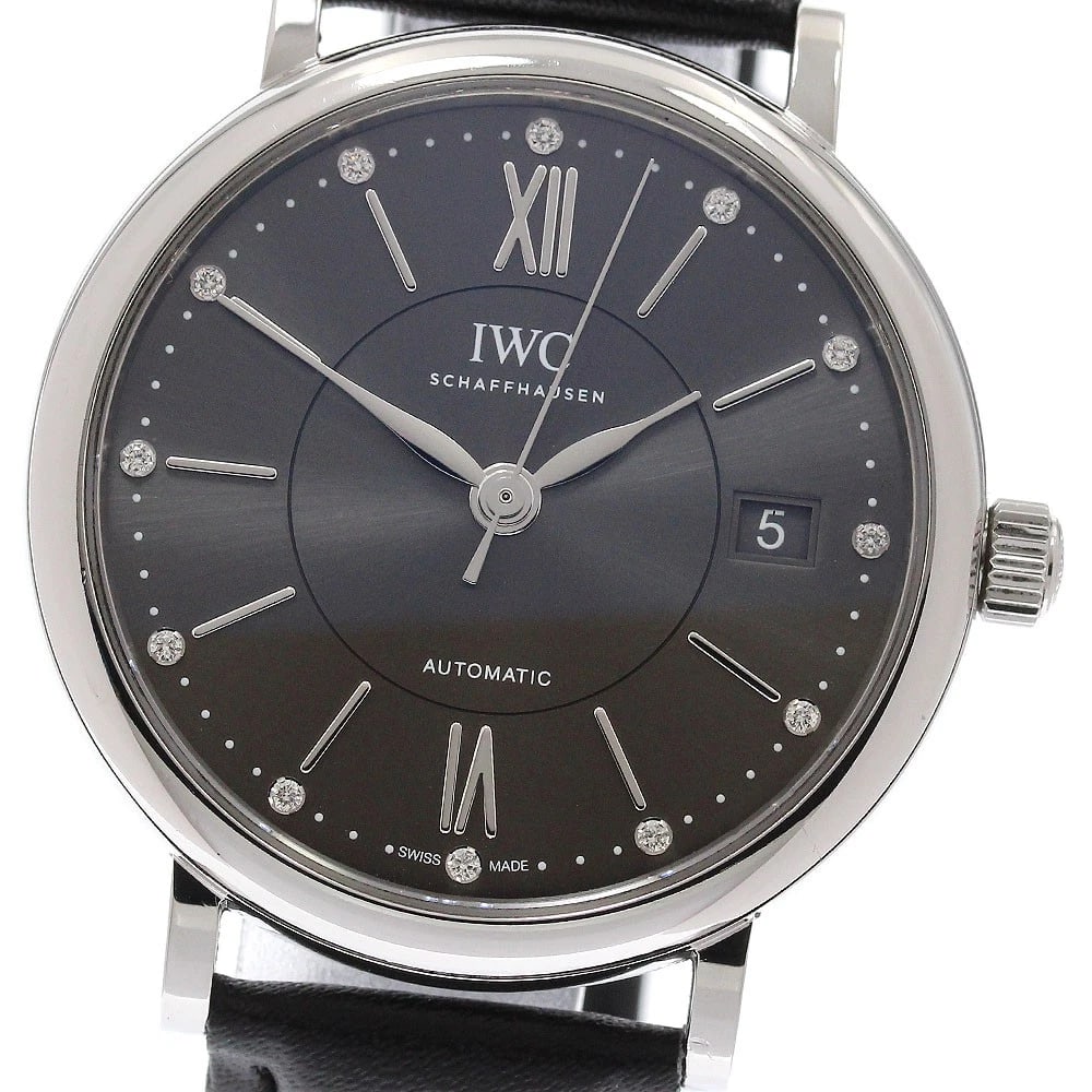 IWC SCHAFFHAUSEN PORTOFINO DIAMOND AUTOMATIC WATCH: IWC SCHAFFHAUSEN Portofino diamond Automatic Watch Brand: IWC SCHAFFHAUSEN Type: Wristwatch Material: Band Material leather, Case Material Stainless Steel Color: Band Color black, Dial Colorgray,