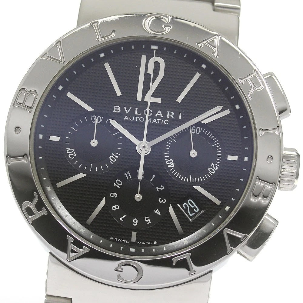 BVLGARI CHRONOGRAPH BLACK AUTOMATIC: BVLGARI Chronograph Black Automatic Brand: BVLGARI Type: Wristwatch Material: Band Material Stainless Steel, Case Material Stainless Steel Color: Band Color Silver, Dial Colorblack, Case ColorSilver