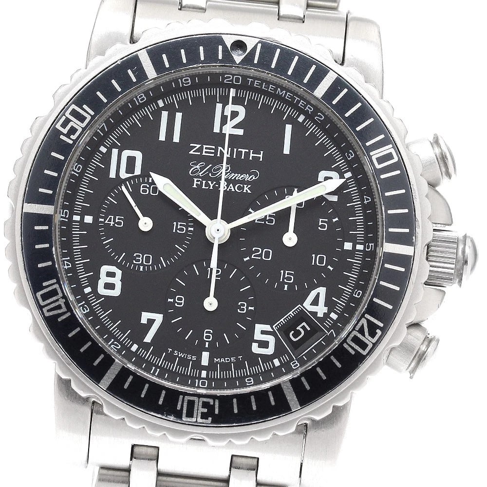 ZENITH RAINBOW FLYBACK PRIMERO AUTOMATIC WATCH: ZENITH Rainbow flyback Primero Automatic Watch Brand: ZENITH Type: Wristwatch Material: Band Material Stainless Steel, Case Material Stainless Steel Color: Band Color Silver, Dial Colorblack, Case Col