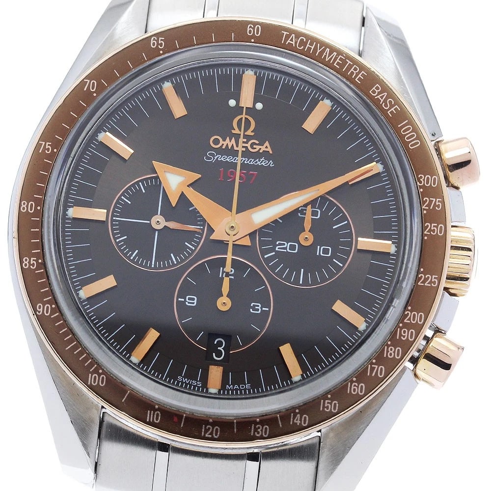 OMEGA SPEEDMASTER BROAD ARROW AUTOMATIC: OMEGA Speedmaster Broad Arrow Automatic Brand: OMEGA Type: Wristwatch Material: Band Material Stainless Steel, Case Material Stainless Steel/K18RG Color: Band Color Silver, Dial ColorBrown, Case Color