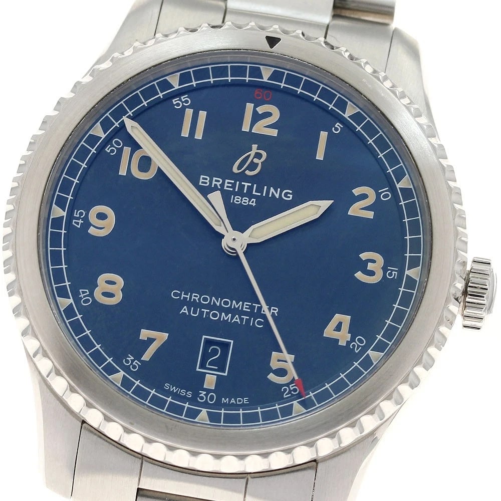 BREITLING AVIATOR AUTOMATIC DATE NAVY AUTOMATIC: BREITLING Aviator Automatic Date Navy Automatic Brand: BREITLING Type: Wristwatch Material: Band Material Stainless Steel, Case Material Stainless Steel Color: Band Color Silver, Dial ColorNavy, Case 