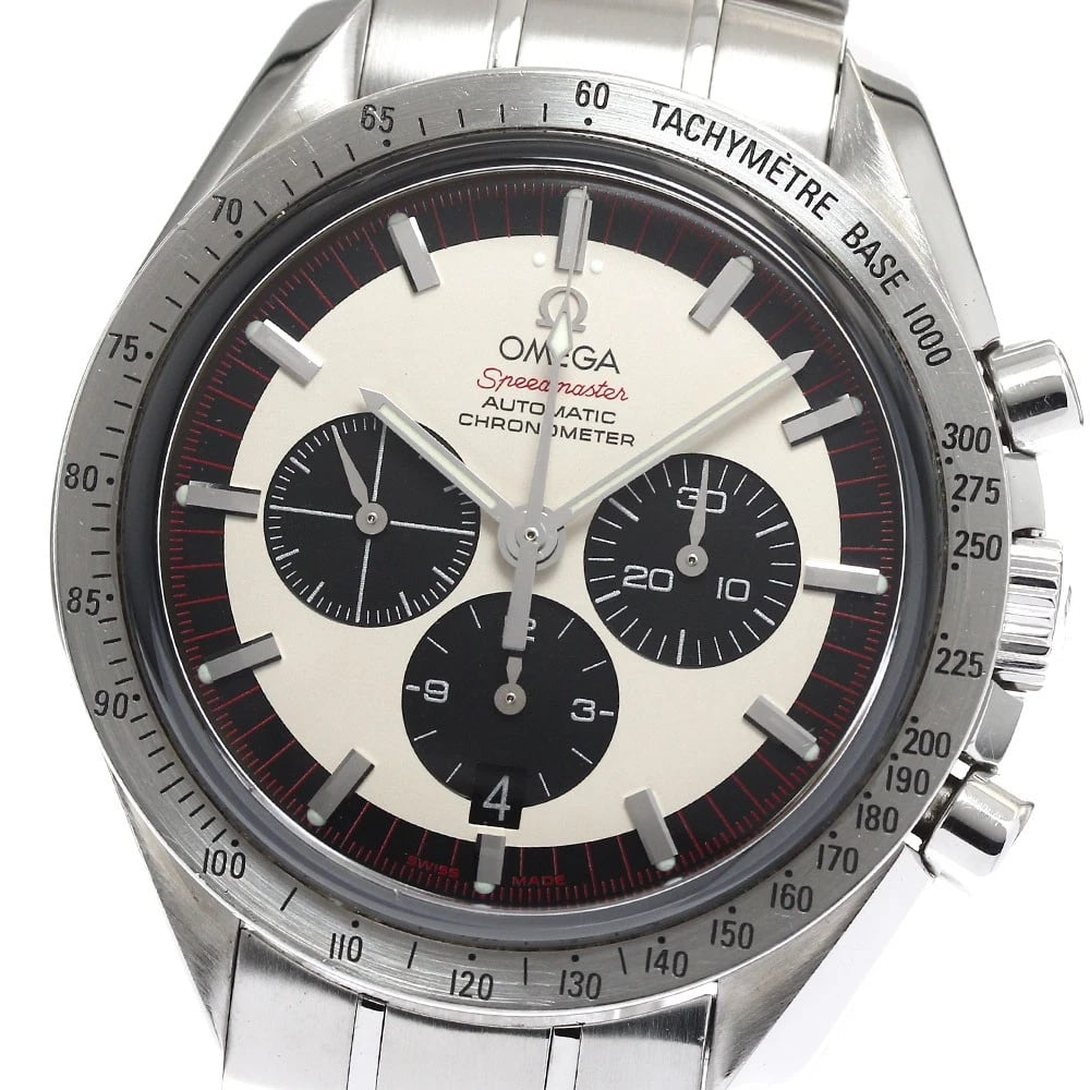 OMEGA SPEEDMASTER SCHUMACHER CHRONOGRAPH AUTOMATIC: OMEGA Speedmaster Schumacher Chronograph Automatic Brand: OMEGA Type: Wristwatch Material: Band Material Stainless Steel, Case Material Stainless Steel Color: Band Color Silver, Dial ColorBeige / blac