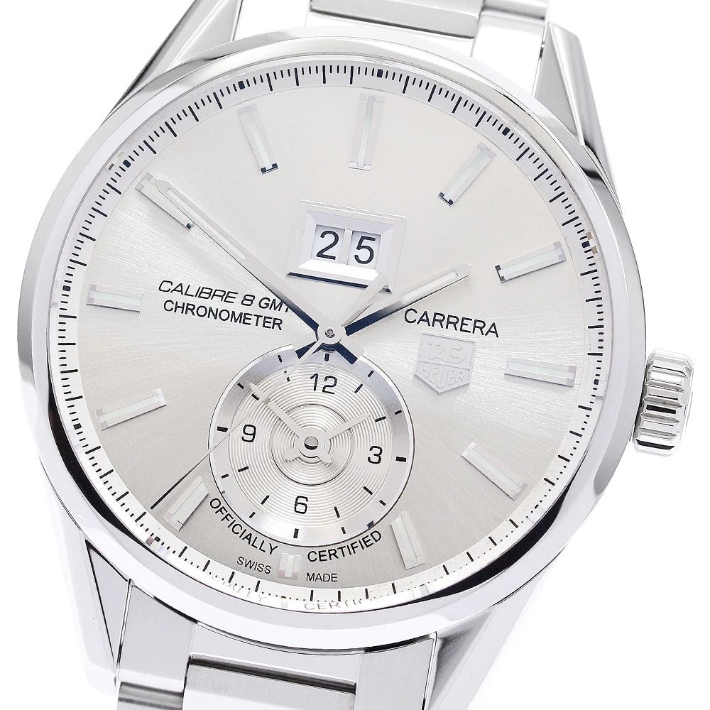 TAG HEUER CARRERA GRAND DATE SILVER AUTOMATIC: TAG HEUER Carrera Grand Date Silver Automatic Brand: TAG HEUER Type: Wristwatch Material: Band Material Stainless Steel, Case Material Stainless Steel Color: Band Color Silver, Dial ColorSilver, Case 