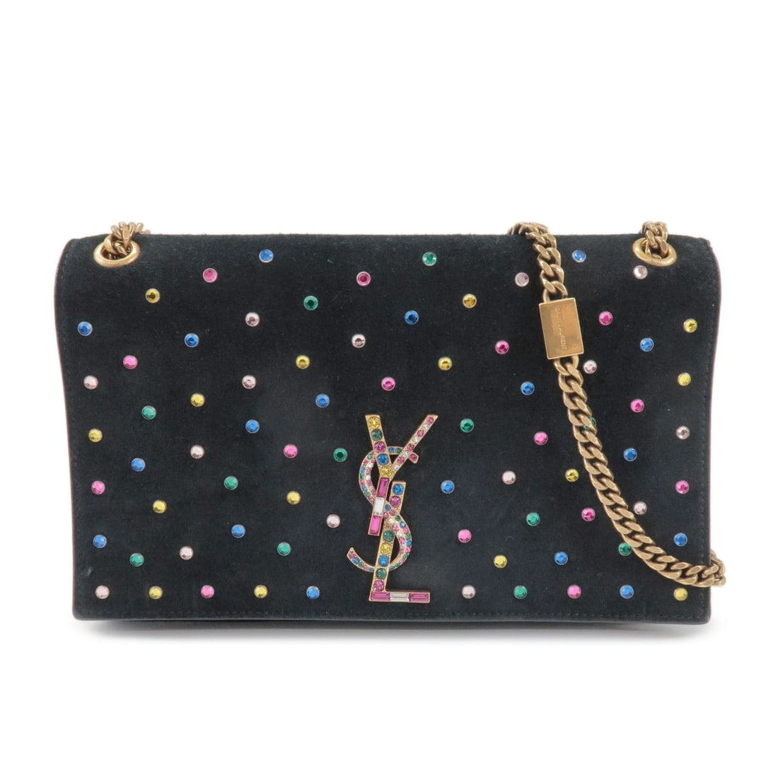 SAINT LAURENT PARIS CASSANDRA SUEDE RHINESTONE SHOULDER BAG: SAINT LAURENT PARIS Cassandra Suede Rhinestone Shoulder Bag Brand: saint laurent paris Type: shoulder bag Material: Suede , Rhine Stone Color: Black , Multicolor Size: W24cm(9.45")H15cm(5.91")D5.5cm(2