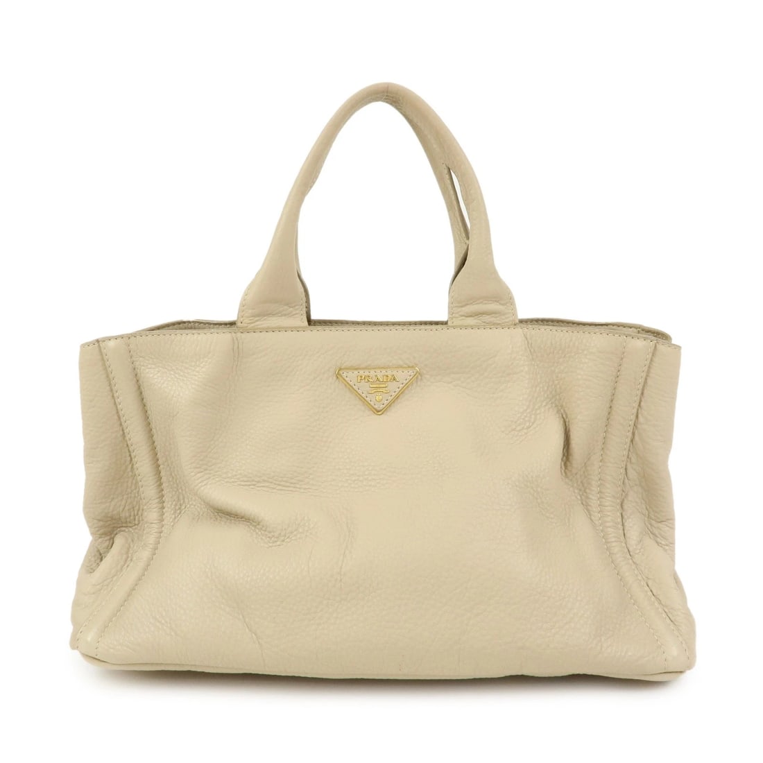PRADA TRIANGLE LOGO CANAPA VITTELLO DAINO LEATHER HAND BAG B: PRADA Triangle Logo Canapa Vittello Daino Leather Hand Bag B Brand: PRADA Type: hand bag Material: Vitello Daino (Leather) Color: Beige Size: W39cm(15.35")H25cm(9.84")D25cm(9.84") Accessories: Non