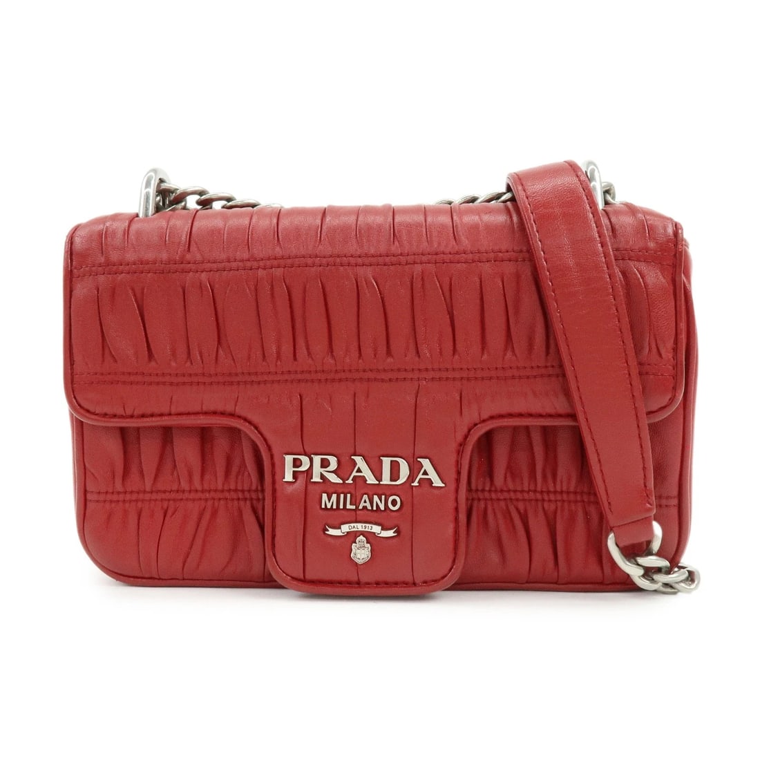 PRADA NAPPA GOATSKIN LEATHER CHAIN SHOULDER BAG: PRADA Nappa Goatskin Leather Chain Shoulder Bag Brand: prada Type: shoulder bag Material: Nappa Gaufre Leather Color: Red Size: W22cm(8.66")H12cm(4.72")D5cm(1.97") Accessories: None Access
