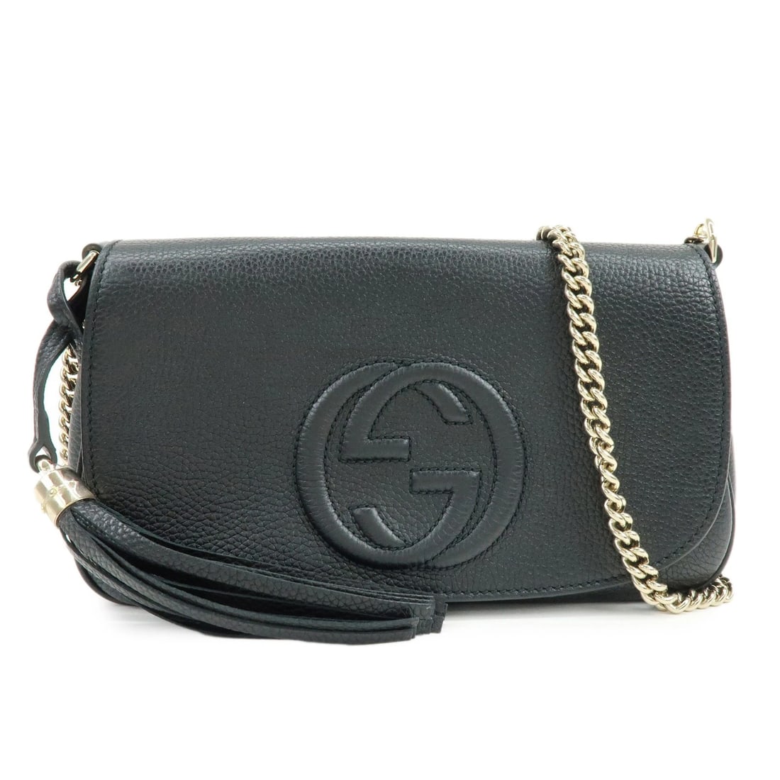 GUCCI SOHO CALF LEATHER CHAIN SHOULDER CROSSBODY BAG: GUCCI SOHO Calf Leather Chain Shoulder Crossbody Bag Brand: GUCCI Type: Shoulder Bag Material: Calf Leather Color: Black Size: W27cm(10.63")H16cm(6.30")D5cm(1.97") Accessories: None Access
