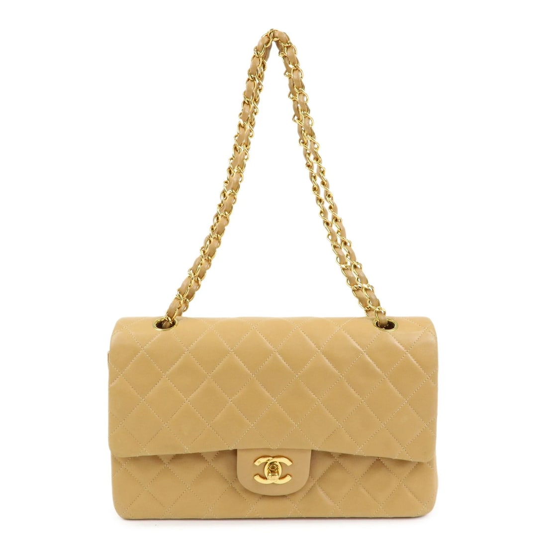 CHANEL MATELASSE 25 DOUBLE FLAP CHAIN SHOULDER BAG: CHANEL Matelasse 25 Double Flap Chain Shoulder Bag Brand: Chanel Type: shoulder bag Material: Lamb skin Color: Beige , Gold Size: W25cm(9.84")H15cm(5.91")D6.5cm(2.56") Accessories: None Ac