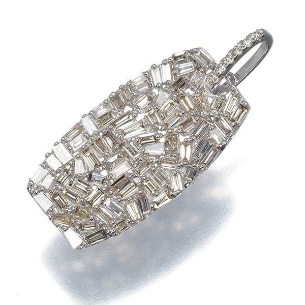 BROWN DIAMOND TAPERED-CUT PENDANT: Brown Diamond Tapered-cut Pendant Brand: Unbranded Type: Pendant Material: 18K / 750 / White Gold, Main Stone/Creation NATURAL Color: white Gold Size: Design size: 27.3 x 11.3mm Bail inner diameter: 3