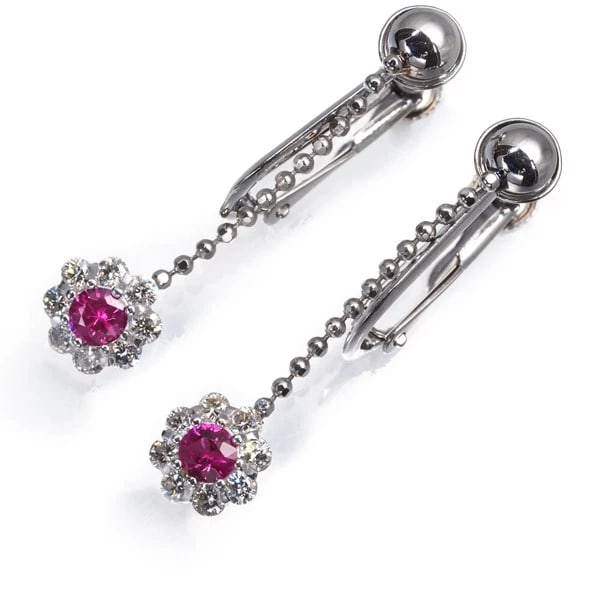 RUBY DIAMOND FLOWER DROP EARRINGS 900 PLATINUM: Ruby Diamond Flower Drop Earrings 900 Platinum Brand: Unbranded Type: Earrings Material: 900 / Platinum, Main Stone/Creation NATURAL Color: Silver Size: Design size: 7.0 x 7.0mm Earring total length: 