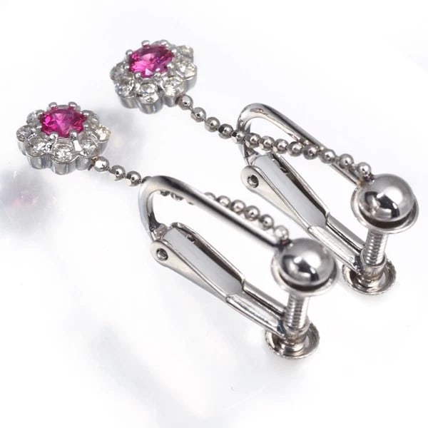 RUBY DIAMOND FLOWER DROP EARRINGS 900 PLATINUM - 3