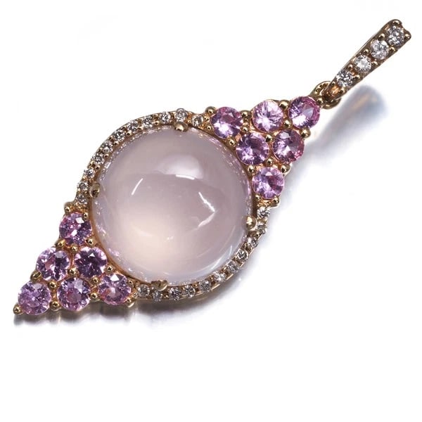 ROSE QUARTZ PINK SAPPHIRE DIAMOND PENDANT 18K PG: Rose Quartz Pink Sapphire Diamond Pendant 18K PG Brand: Unbranded Type: Pendant Material: 18K / 750 / Rose Gold, Main Stone/Creation NATURAL Color: Rose gOLD Size: Design size: 35.4 x 13.7mm Bail inne