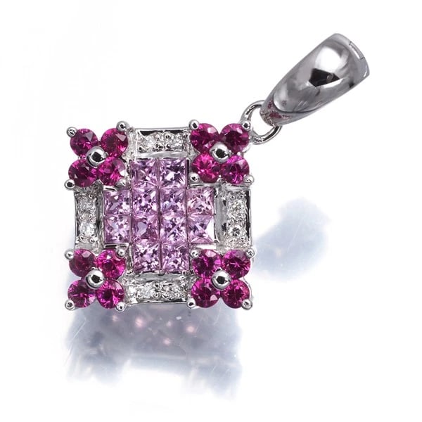 PINK SAPPHIRE RUBY DIAMOND PENDANT 18K 750 WHITE GOLD: Pink Sapphire Ruby Diamond Pendant 18K 750 White Gold Brand: Unbranded Type: Pendant Material: 18K / 750 / White Gold, Main Stone/Creation NATURAL Color: white Gold Size: Design size: 18.5 x 18.3mm To