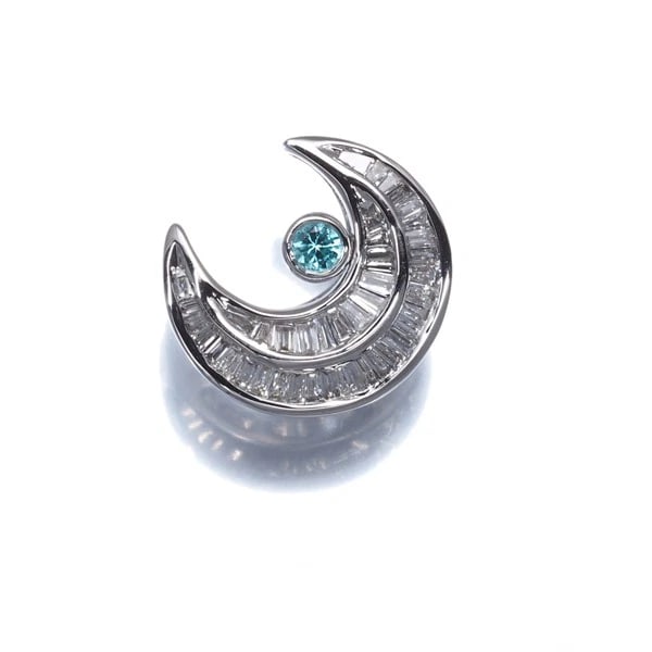 PARAIBA TOURMALINE DIAMOND MOON TAPERED-CUT PENDANT: Paraiba Tourmaline Diamond Moon Tapered-cut Pendant Brand: Unbranded Type: Pendant Material: 18K / 750 / White Gold, Main Stone/Creation NATURAL Color: White gold Size: Design size: 12.7 x 13.8mm Bail