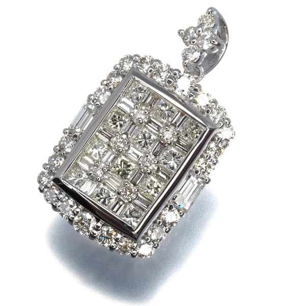 DIAMOND PRINCESS CUT BAGUETTE CUT PENDANT 900 PLATINUM: Diamond Princess Cut Baguette Cut Pendant 900 Platinum Brand: Unbranded Type: Pendant Material: 900 / PLATINUM, Main Stone/Creation NATURAL Color: Silver Size: Design size: 24.0 x 13.7mm Bail inner di