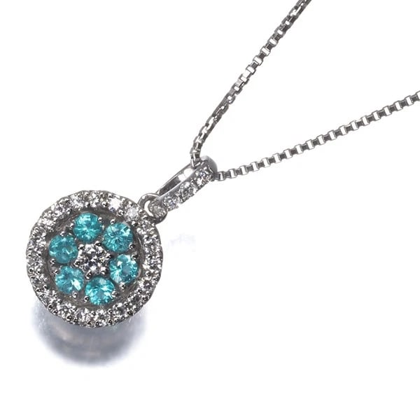 PARAIBA TOURMALINE DIAMOND CIRCLE NECKLACE: Paraiba Tourmaline Diamond Circle Necklace Brand: Unbranded Type: Necklace Material: 900 / 850 / Platinum, Main Stone/Creation Natural Color: Silver Size: Necklace length: 45cm AdjUS table to short le