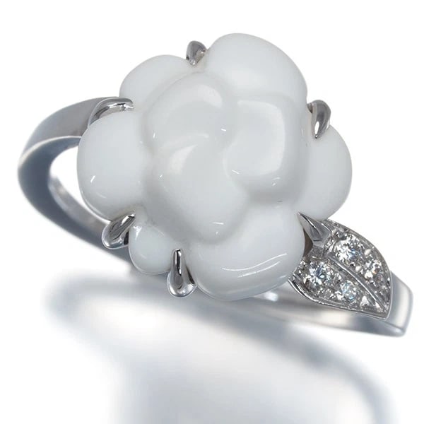 CHANEL RING CHALCEDONY DIAMOND CAMELIA FLOWER: CHANEL Ring Chalcedony Diamond Camelia Flower Brand: CHANEL Type: Ring Material: 18K / 750 / White Gold, Main Stone/Creation Natural Color: white gold Size: US 5.5 - 5.75 Accessories: None