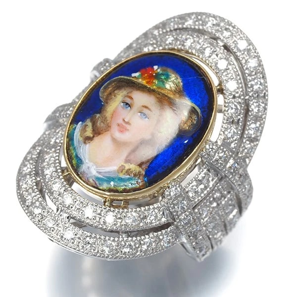 LA MERVEILLEUSE RING DIAMONDEMAILLESPT 900: La Merveilleuse Ring DiamondEmaillesPt 900 Brand: La Merveille Type: Ring Material: 900 / Platinum ,18K / 750 / White Gold Enamel, Main Stone/Creation NATURAL Color: WG,Silver Size: US 6 Accessori