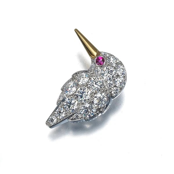 CHAR BROOCH DIAMOND RUBY KINGFISHER BIRD - 2