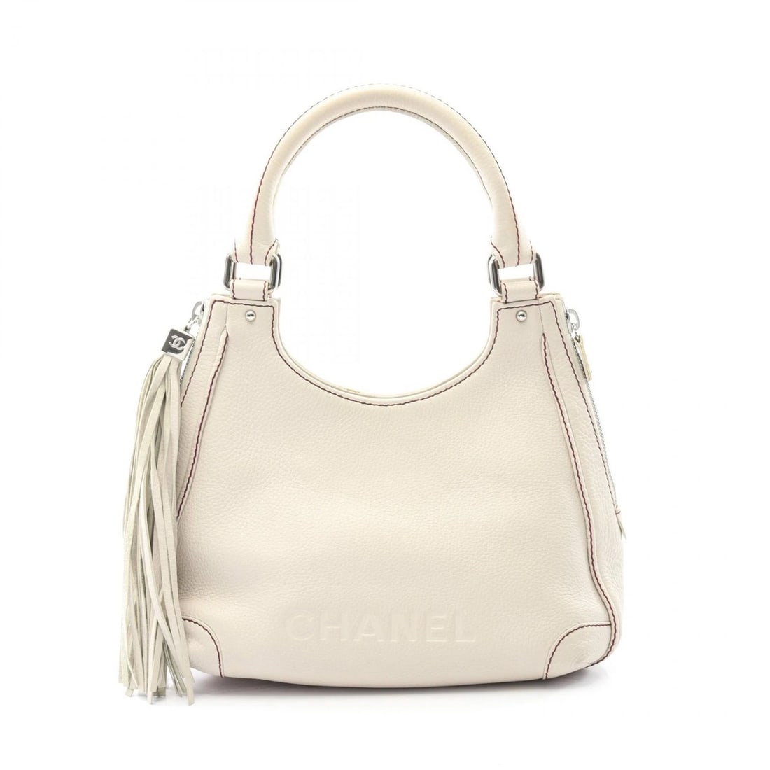 CHANEL LOGO FRINGE SHOULDER HANDBAG LEATHER: CHANEL Logo fringe shoulder Handbag leather Brand: CHANEL Type: Handbag Material: leather Color: White??ish colors Size: H:21cm x W:31cm x D:13cm (H:8.3" x W:12.2" x D:5.1") Handle?36cm(14.2") Acc