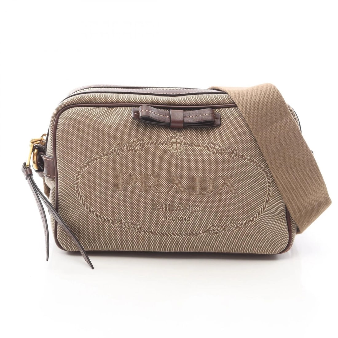 PRADA LOGO JACQUARD CROSSBODY SHOULDER BAG: PRADA LOGO JACQUARD Crossbody Shoulder Bag Brand: PRADA Type: Shoulder Bag Material: canvas × leather Color: Beige??ish colors × Brown??ish colors Size: H:15cm x W:22cm x D:8cm (H:5.9" x W:8.7" x D: