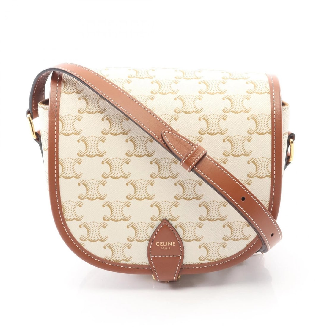 CELINE FOLCO MEDIUM TRIOMPHE SHOULDER BAG: CELINE Folco Medium Triomphe Shoulder Bag Brand: CELINE Type: Shoulder Bag Material: PVC coated canvas × leather Color: White??ish colors × Brown??ish colors Size: H:16cm x W:18.5cm x D:7cm (H:6.3" 