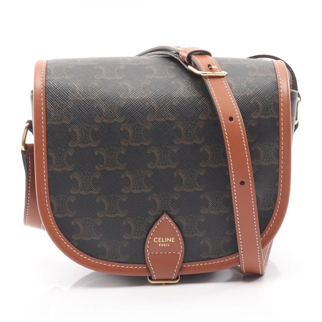 CELINE FOLCO MEDIUM TRIOMPHE CROSSBODY SHOULDER BAG: CELINE Folco Medium Triomphe Crossbody Shoulder Bag Brand: CELINE Type: Shoulder Bag Material: PVC coated canvas × leather Color: Black??ish colors × Brown??ish colors Size: H:16cm x W:18.5cm x D:7c