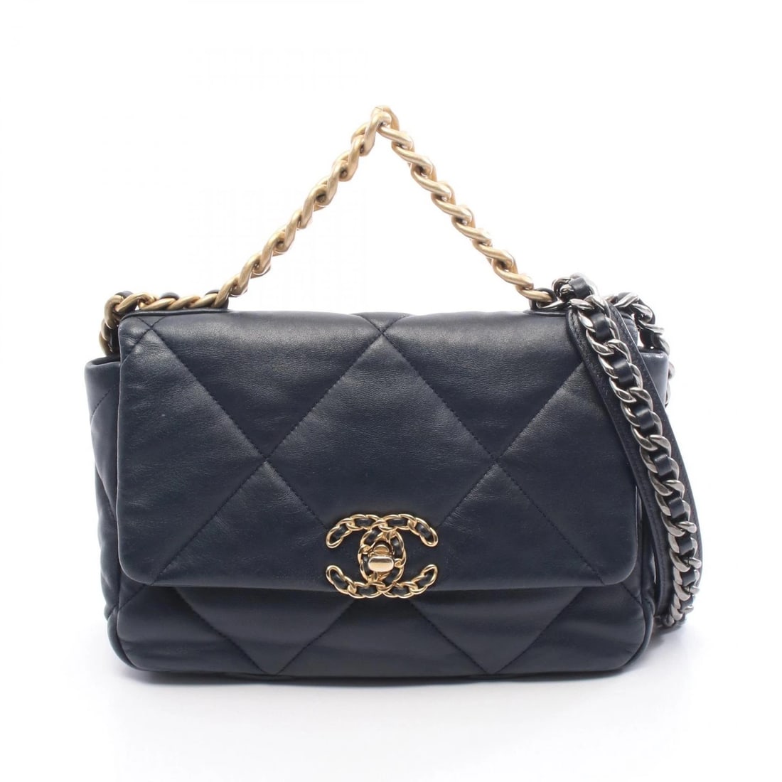 CHANEL 19 DIX-NEUF MATELASSE CHAIN SHOULDER CROSSBODY BAG: CHANEL 19 dix-neuf Matelasse Chain Shoulder Crossbody Bag Brand: CHANEL Type: Shoulder Bag Material: leather Color: Navy??ish colors Size: H:20cm x W:29cm x D:8cm (H:7.9" x W:11.4" x D:3.1") Handle?29