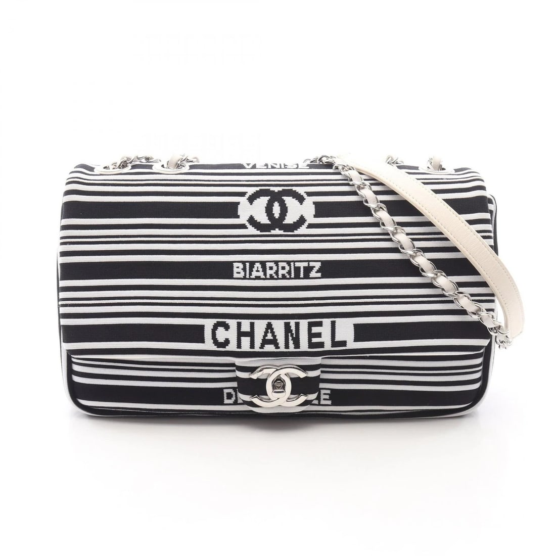 CHANEL CHAIN SHOULDER BAG CANVAS LEATHER: CHANEL Chain Shoulder Bag canvas leather Brand: CHANEL Type: Shoulder Bag Material: canvas × leather Color: White??ish colors × Black??ish colors Size: H:18cm x W:28.5cm x D:5cm (H:7.1" x W:11.2" x 