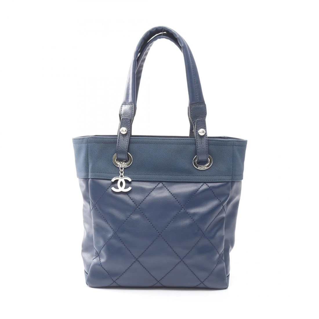CHANEL PARIS BIARRITZ PM TOTE BAG: CHANEL Paris Biarritz PM Tote Bag Brand: CHANEL Type: Tote Bag Material: PVC coated canvas × leather Color: Navy??ish colors Size: H:27cm x W:25cm x D:11cm (H:10.6" x W:9.8" x D:4.3") Handle?50cm(19.