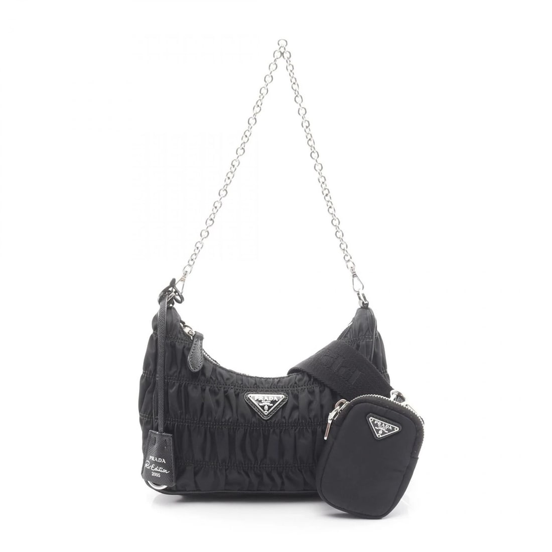 PRADA RE-EDITION 2005 CHAIN SHOULDER HANDBAG: PRADA Re-Edition 2005 Chain Shoulder Handbag Brand: PRADA Type: Shoulder Bag Material: Nylon × leather Color: Black??ish colors Size: H:11cm x W:22cm x D:6cm (H:4.3" x W:8.7" x D:2.4") Accessories
