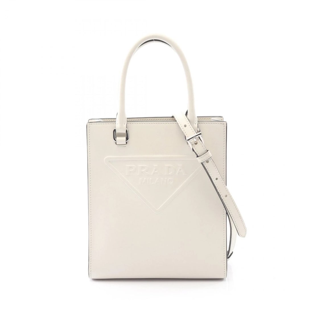 PRADA EMBOSSED LOGO SHOULDER HANDBAG: PRADA Embossed logo Shoulder Handbag Brand: PRADA Type: Handbag Material: leather Color: White??ish colors Size: H:18.5cm x W:16.5cm x D:6cm (H:7.3" x W:6.5" x D:2.4") Handle?26cm(10.2") Accessori