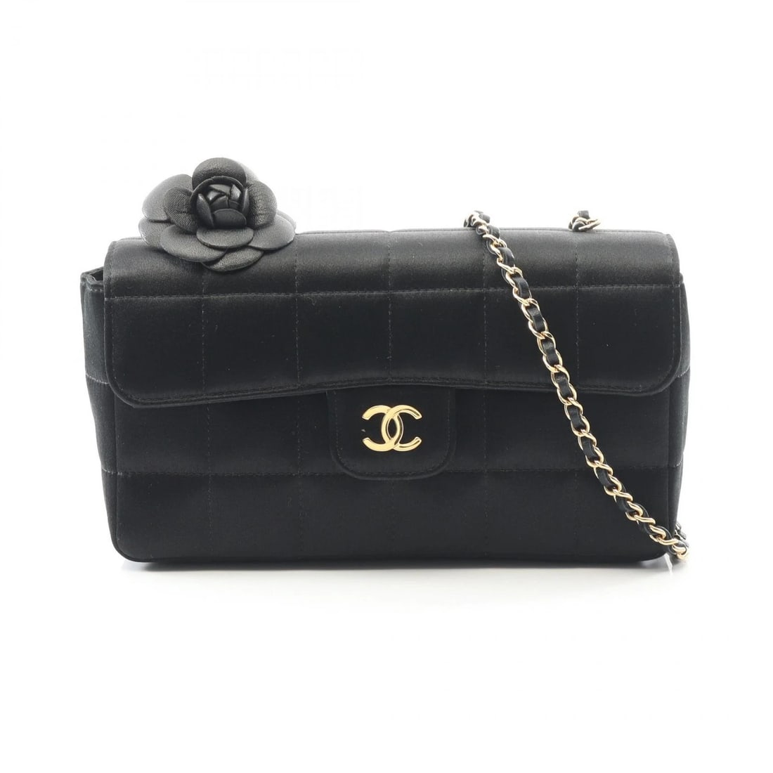 CHANEL CHOCOLATE BAR CAMELIA CHAIN SHOULDER CROSSBODY BAG: CHANEL Chocolate Bar Camelia chain Shoulder crossbody Bag Brand: CHANEL Type: Shoulder Bag Material: Fabric Color: Black??ish colors Size: H:10cm x W:18cm x D:5cm (H:3.9" x W:7.1" x D:2.0") Access