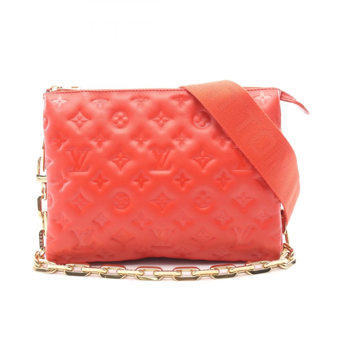 LOUIS VUITTON COUSSIN PM CHAIN SHOULDER BAG: LOUIS VUITTON Coussin PM chain Shoulder Bag Brand: LOUIS VUITTON Type: Shoulder Bag Material: Monogram/Emboss × leather Color: Rouge / Red??ish colors Size: H:20cm x W:27cm x D:/cm (H:7.9" x W:10.6" 