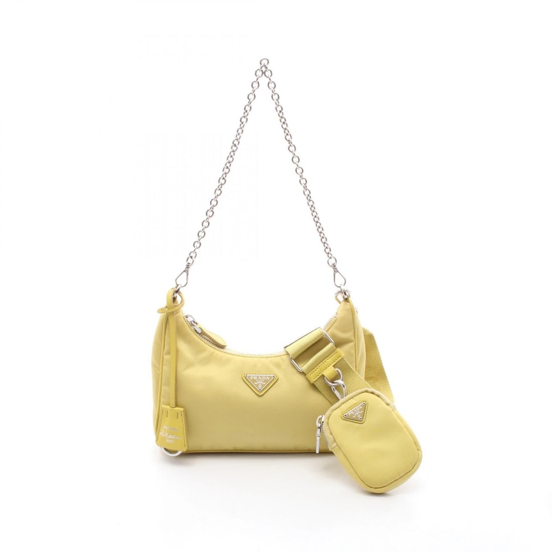 PRADA RE-EDITION CHAIN SHOULDER BAG: PRADA Re-Edition Chain Shoulder Bag Brand: PRADA Type: Shoulder Bag Material: Nylon Color: Yellow??ish colors Size: H:12cm x W:22cm x D:6cm (H:4.7" x W:8.7" x D:2.4") Accessories: None Accessories