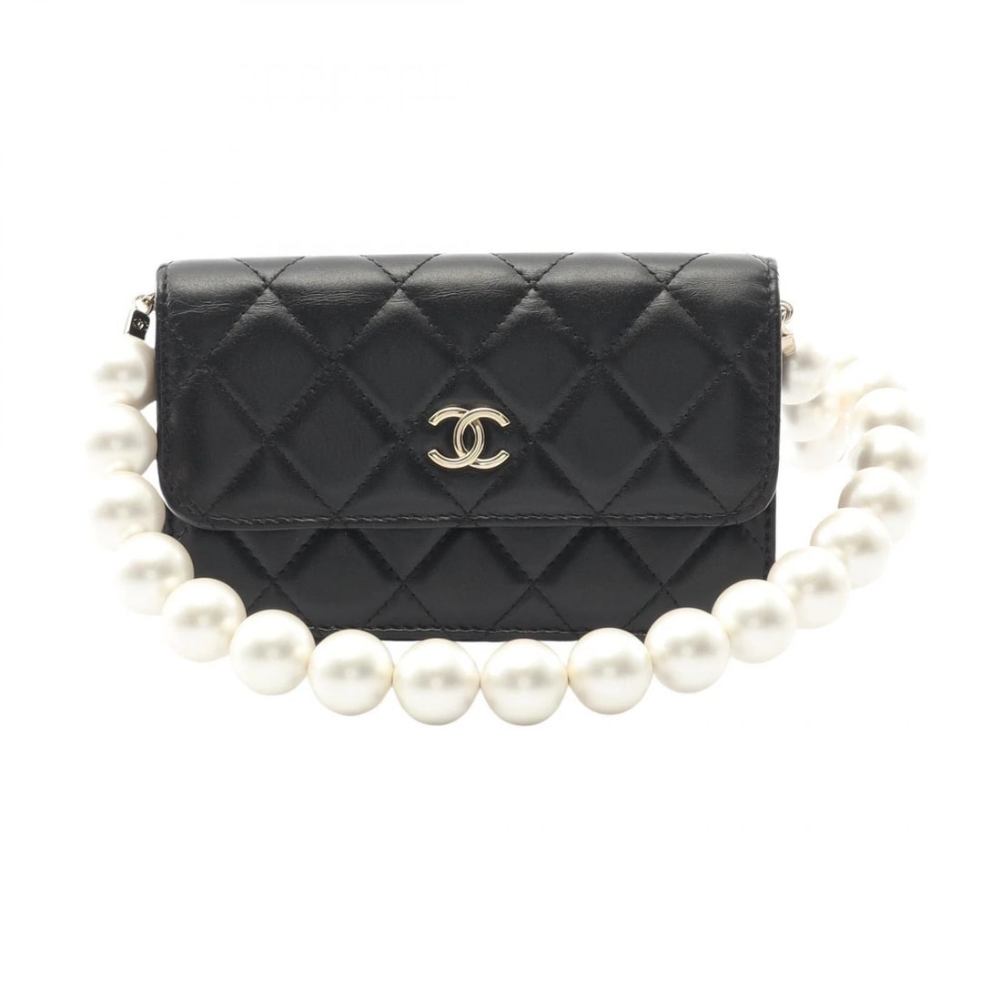 CHANEL MATELASSE PEARL CHAIN SHOULDER BAG: CHANEL Matelasse Pearl Chain Shoulder Bag Brand: CHANEL Type: Shoulder Bag Material: Lambskin (sheep leather) Color: Black??ish colors Size: H:9.5cm x W:15cm x D:2cm (H:3.7" x W:5.9" x D:0.8") Acc