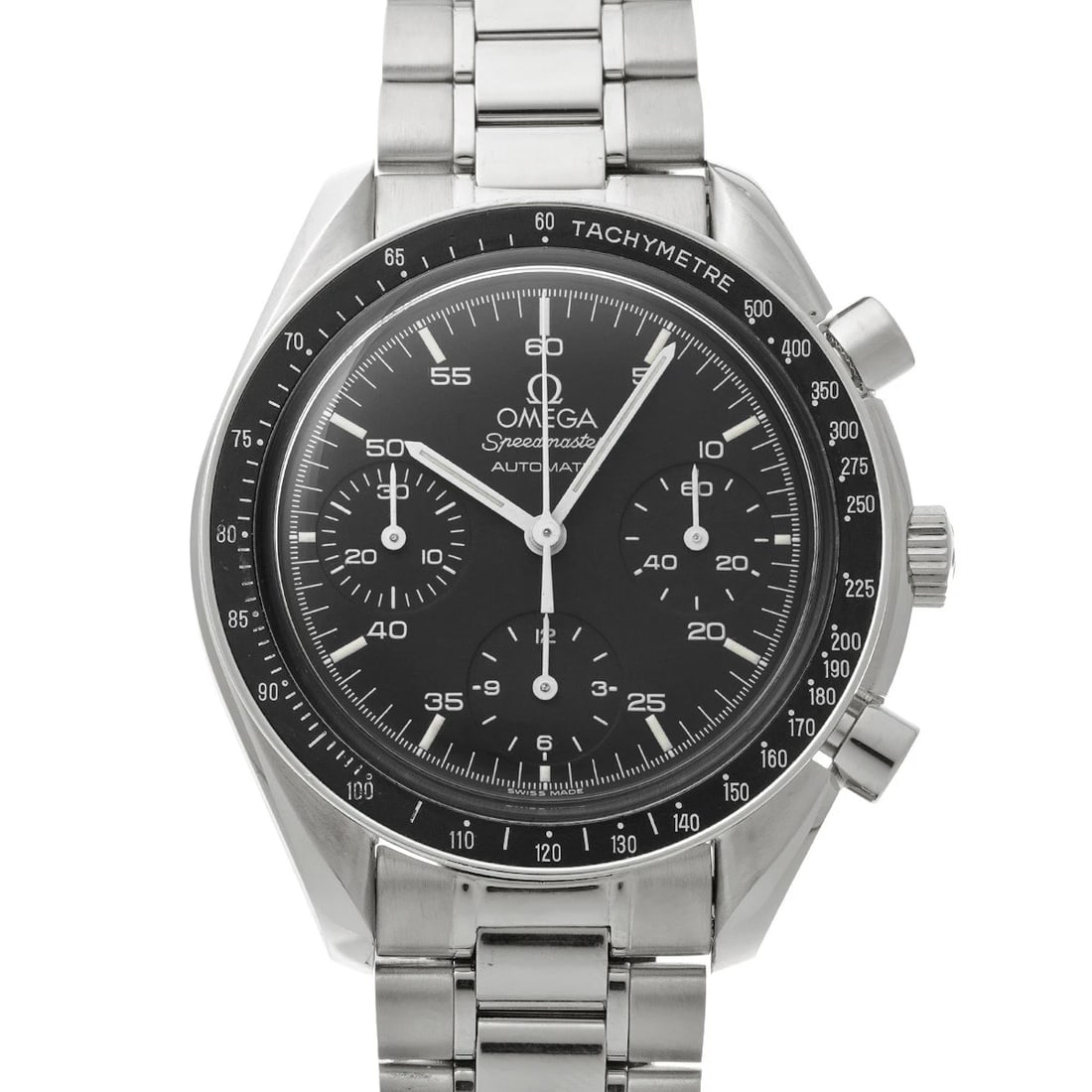 OMEGA SPEEDMASTER AUTOMATIC BLACK WATCH: OMEGA Speedmaster Automatic Black WATCH Brand: OMEGA Type: Wristwatch Material: Band Material Stainless steel, Case Material Stainless steel Color: Dial Color Black Size: ??Case? H/about 39mm W/about