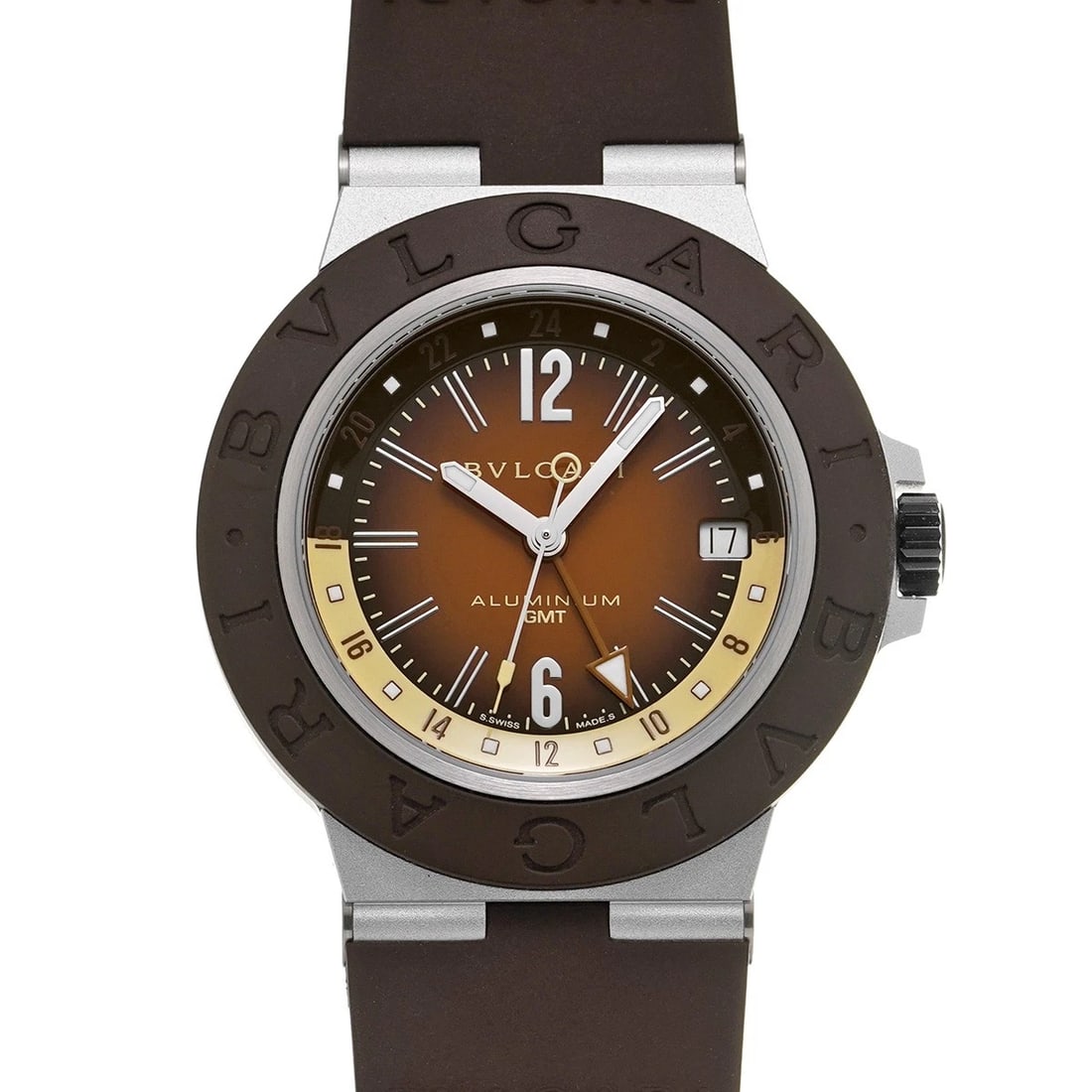 BVLGARI ALUMINIUM GMT FENDER BROWN WATCH: BVLGARI Aluminium GMT Fender Brown WATCH Brand: BVLGARI Type: Wristwatch Material: Band Material rubber, Case Material aluminum Color: Dial Color Brown Size: ??Case? H/about 40mm W/about 40mm D/about 